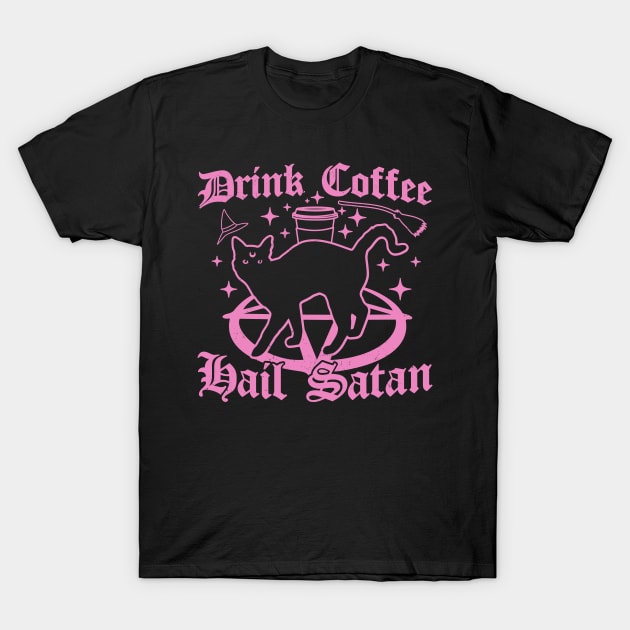 Drink Coffee Hail Satan - Black Cat - Pastel Goth Halloween T-Shirt by OrangeMonkeyArt